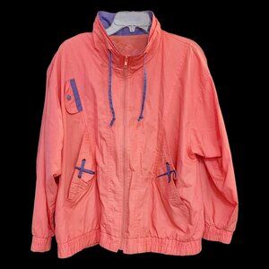 Vintage Womens Jacket 80s 90s Windbreaker Lightweight Coat Pink Purple Trim L/XL